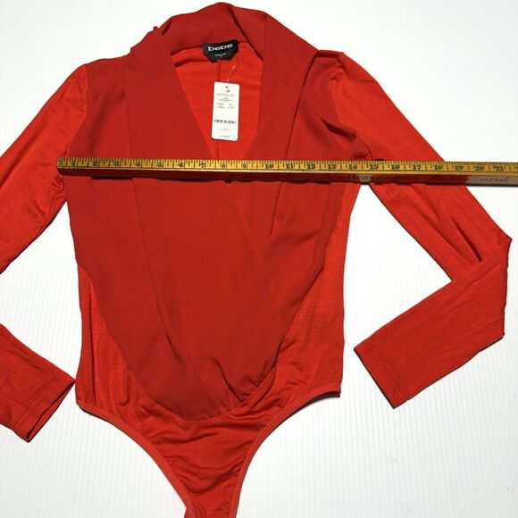 Bebe Plunge Front Red Long Sleeve Bodysuit Faux Wrap Deep V Women’s XS NWT - Picture 5 of 7